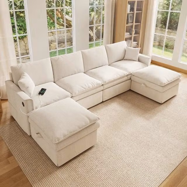 Divano modulare 6 posti 277x135x80 cm a forma di U o L con pouf contenitore in cotone lino beige