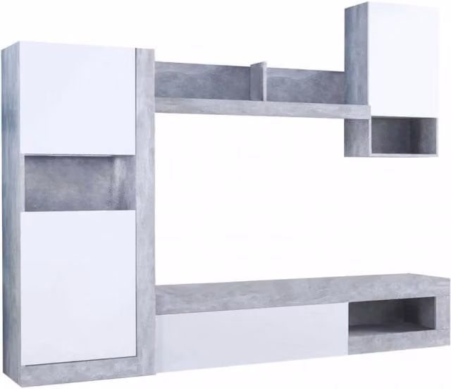 PARETE SOGGIORNO ROOMY BIANCO E GRIGIO EFFETTO CEMENTO