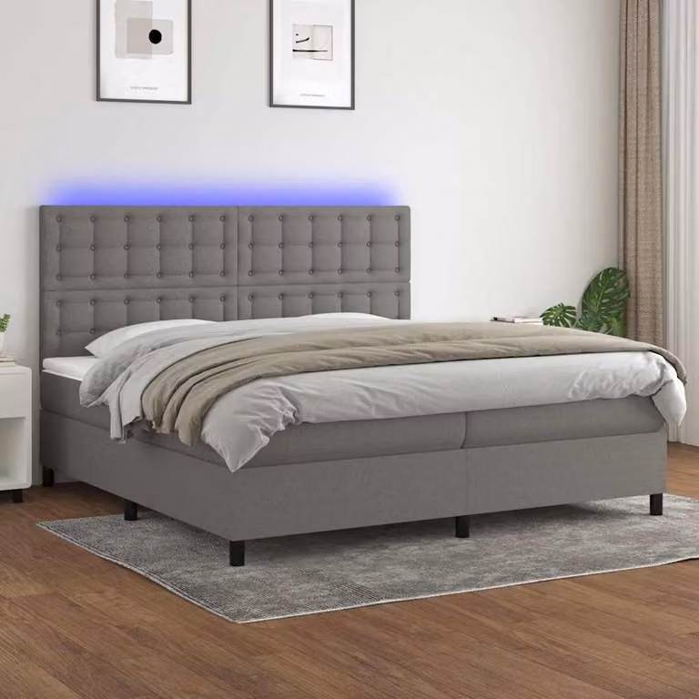 Letto a molle con materasso e illuminazione LED vidaXL in tessuto grigio scuro 200 x 200 cm