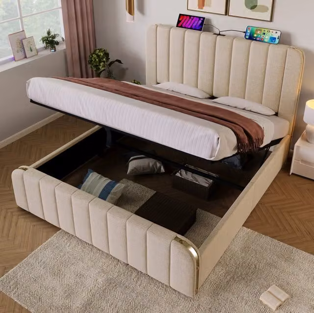 Letto imbottito 140x190 cm in lino beige, con contenitore, USB-C e LED