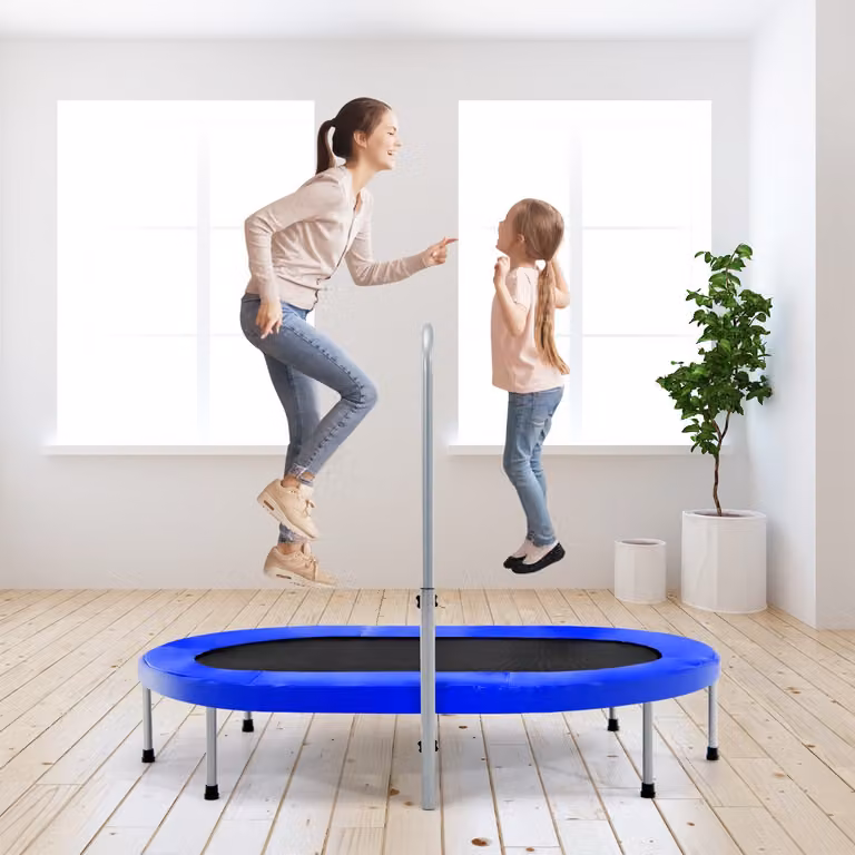 Trampolino ovale doppio per 2 persone Costway con maniglia e protezione, pieghevole, Blu