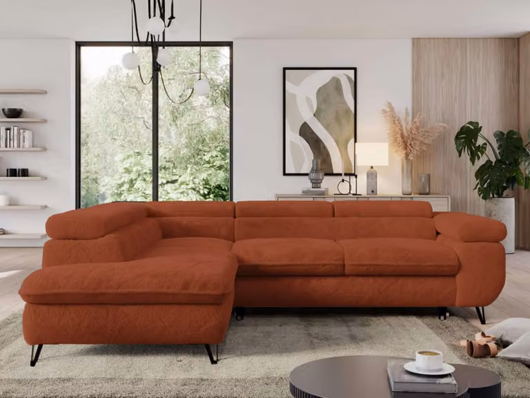 Divano con funzione letto, divano angolare a L, divano da salotto, con poggiatesta regolabili - PEDRO L - Plush - Arancione - Sinistra