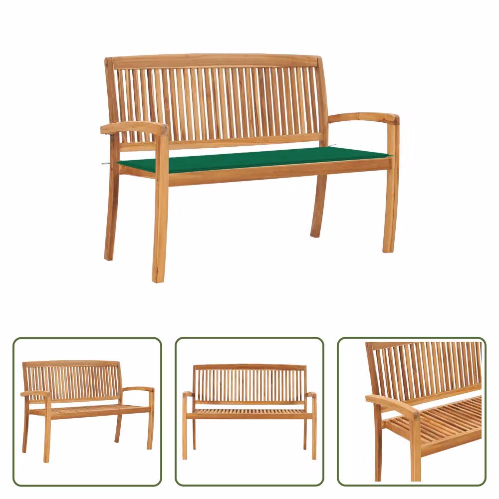 The Living Store Panca da giardino impilabile con cuscino 128,5 cm in teak massiccio