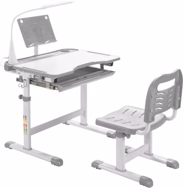 Set scrivania e sedia per bambini con piano inclinabile e luce LED, regolabile in altezza, Grigio e Bianco
