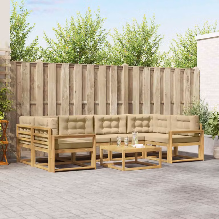 vidaXL Set di divani da esterno a L in legno di acacia con tavolo da caffè, Bianco e Beige