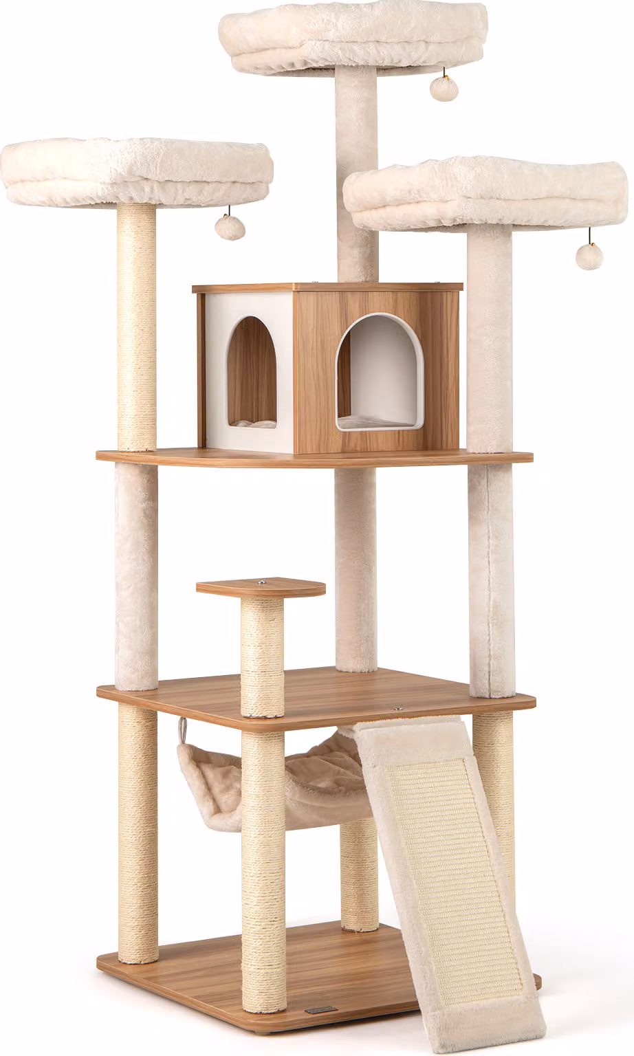 COSTWAY albero per gatti 168cm, albero per gatti grande a più piani, albero da arrampicata per gatti con grotta, scala, tappetini, palline e amaca, beige natura