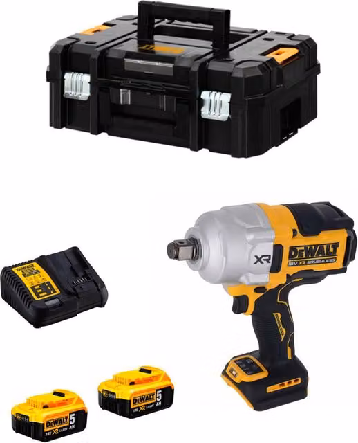 Avvitatore ad impulsi DeWALT DCF964P2T con 2 batterie da 5,0 Ah, caricabatterie DCB115 e sistema TSTAK II, giallo e bianco