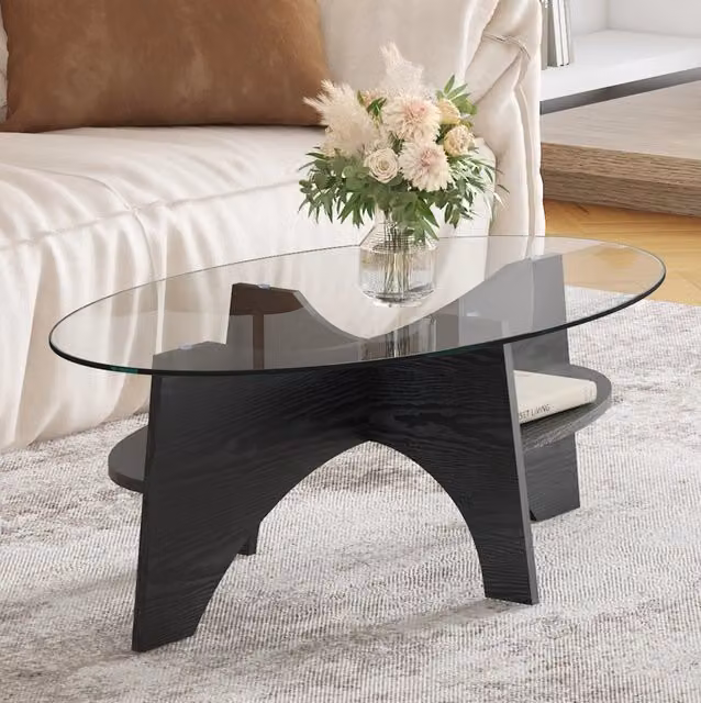 Tavolino da salotto ULEVR 104,9x60x35,6 cm con piano in vetro di sicurezza e base a ventaglio nera