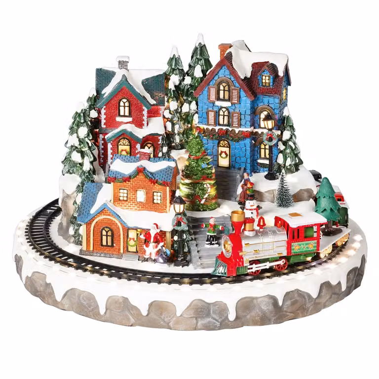 Villaggio Natalizio Paese in Festa con Trenino, Luci e Musica VESTIAMO CASA, Multicolore, H 31 cm, Diametro 50 cm
