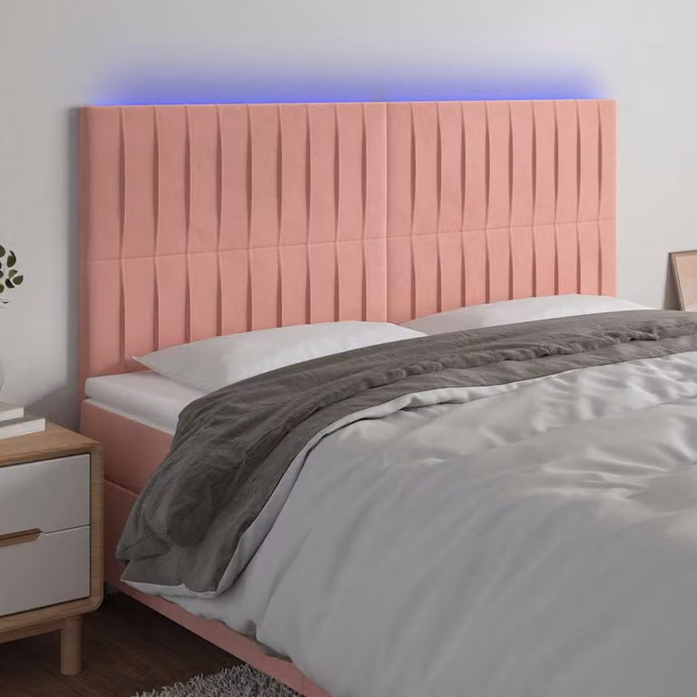 Testiera per letto vidaXL in velluto rosa con illuminazione LED e porta USB, L: 200 cm, P: 5 cm, H: 118/128 cm