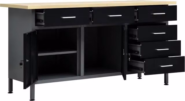 Banco da lavoro regolabile in altezza vidaXL in acciaio e legno, nero e grigio, L/P/H: 160 x 60 x 85 cm