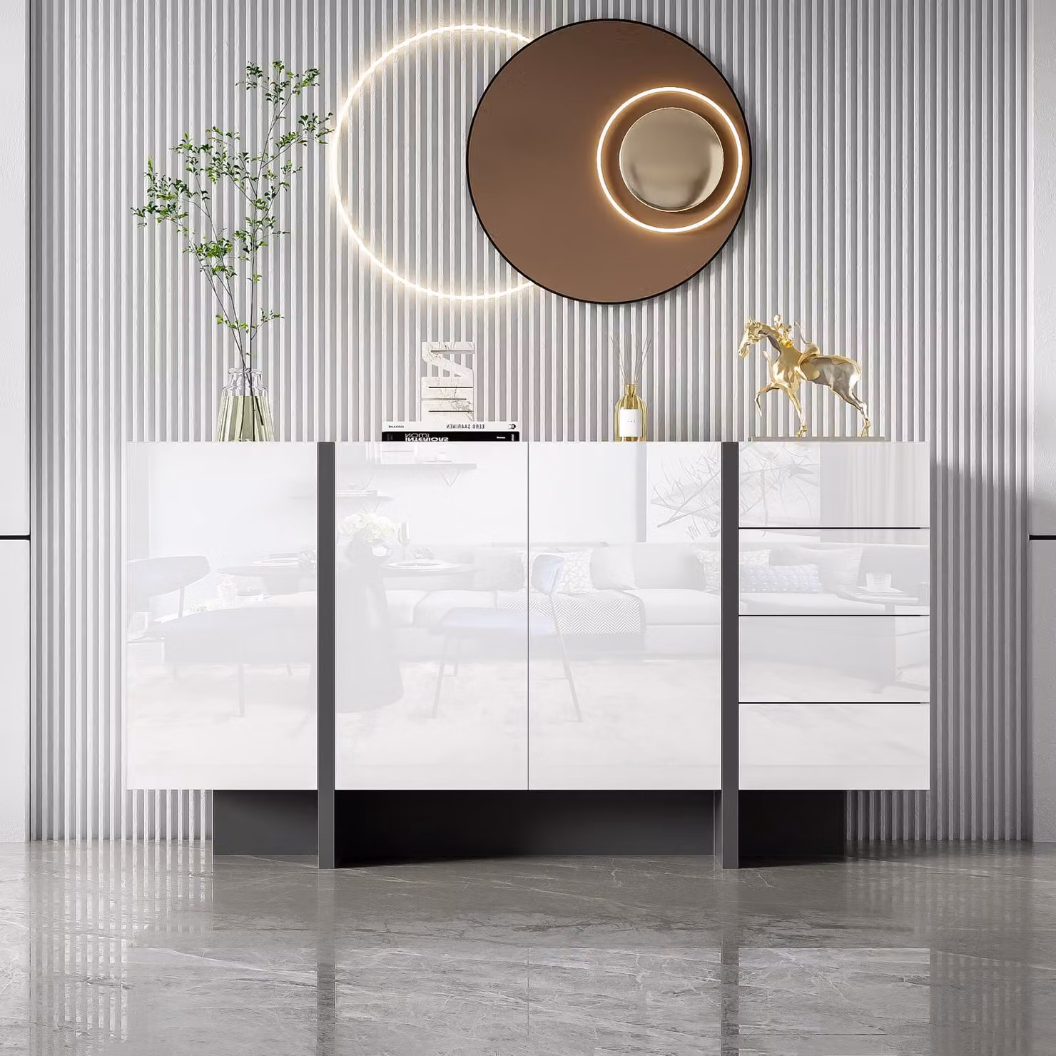 Cassettiera Fortuna Lai bianco lucido, credenza con 4 cassetti e 2 ante, mobile da soggiorno lucido, 150 x 40 x 80 cm