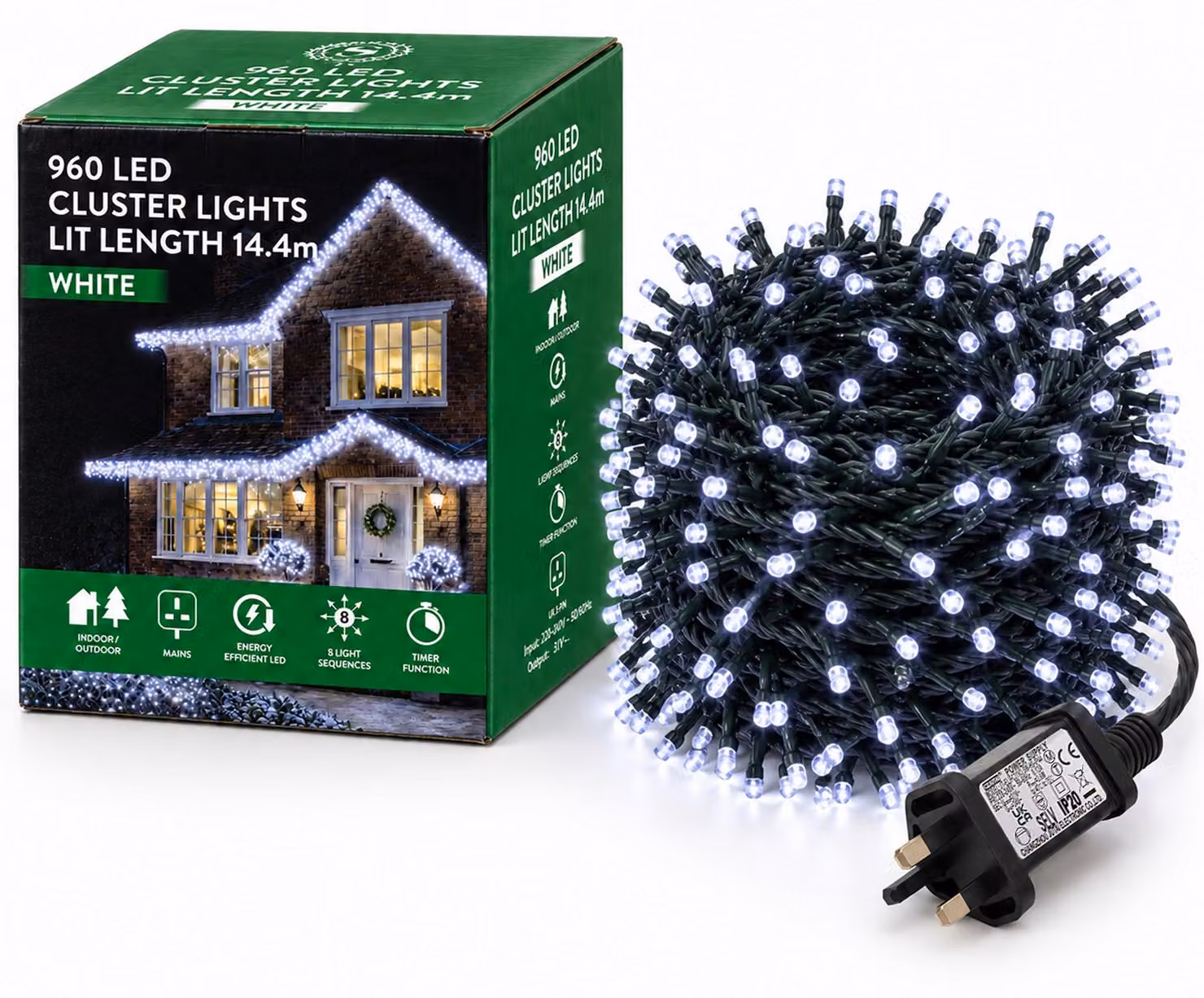 Catena luminosa a LED con effetto cluster, 960 LED, 8 modalità, timer, 24,4 metri, luce bianca fredda