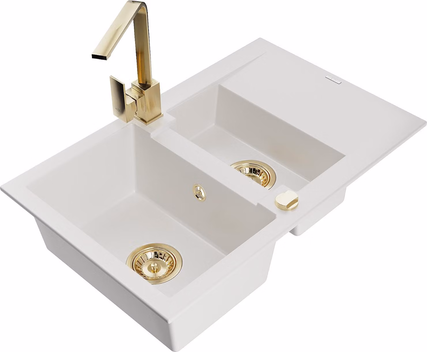 Mexen Gaspar lavello in granito a 1,5 vasche con scolapiatti e rubinetto da cucina Rita, bianco - 6507-20-670300-50