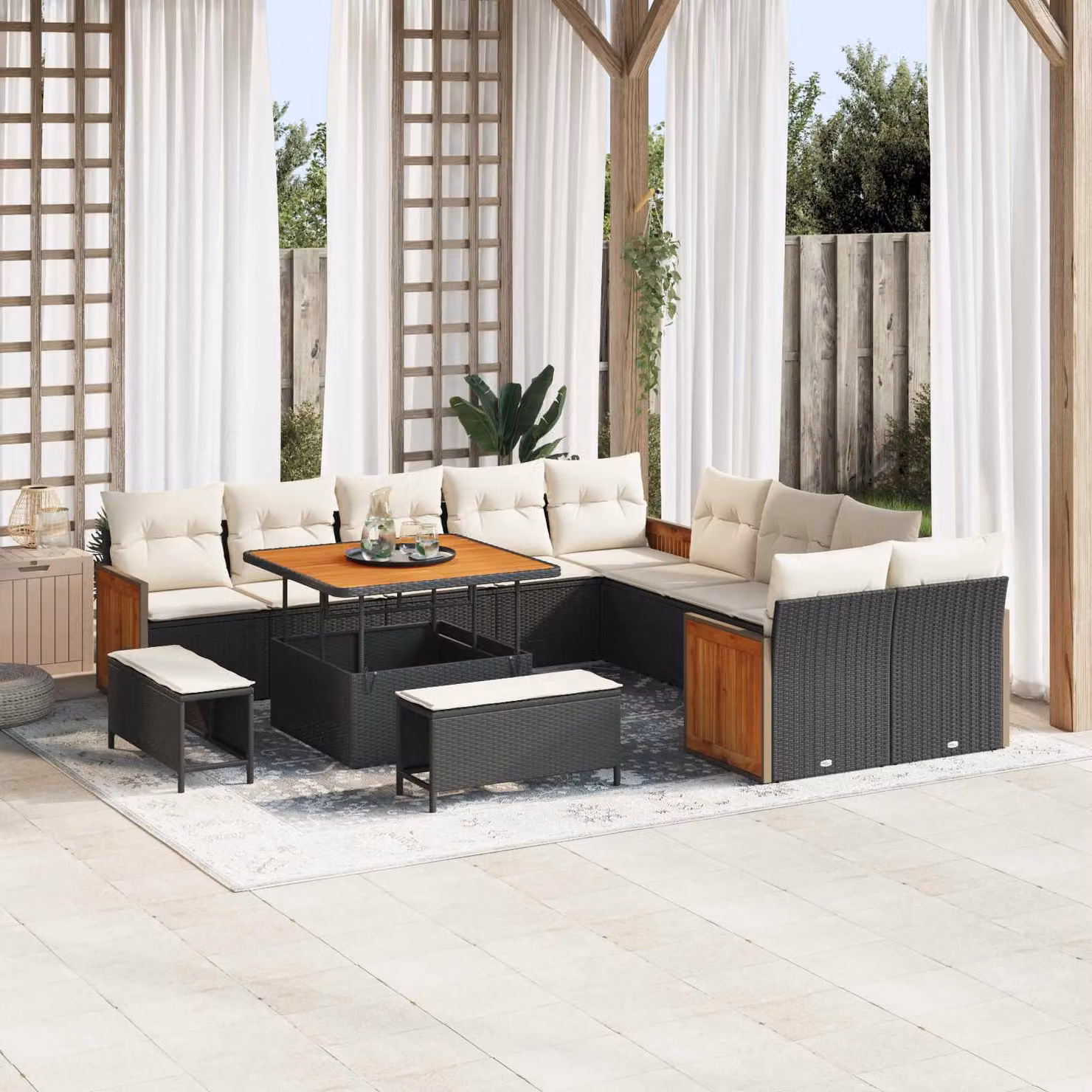 Set Divano da Giardino vidaXL 13 Posti a Forma a U con Cuscini Nero e Beige – 1