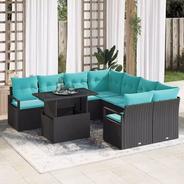 Set Divano da Giardino 9 pz 8-Numero di posti Nero e Blu 3348802
