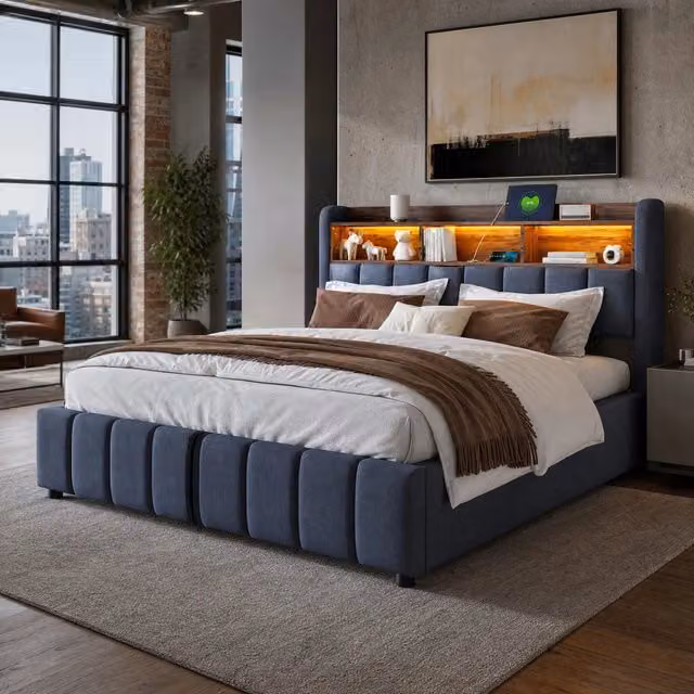 Letto imbottito 180x200 cm grigio, struttura in metallo con LED e vano contenitore