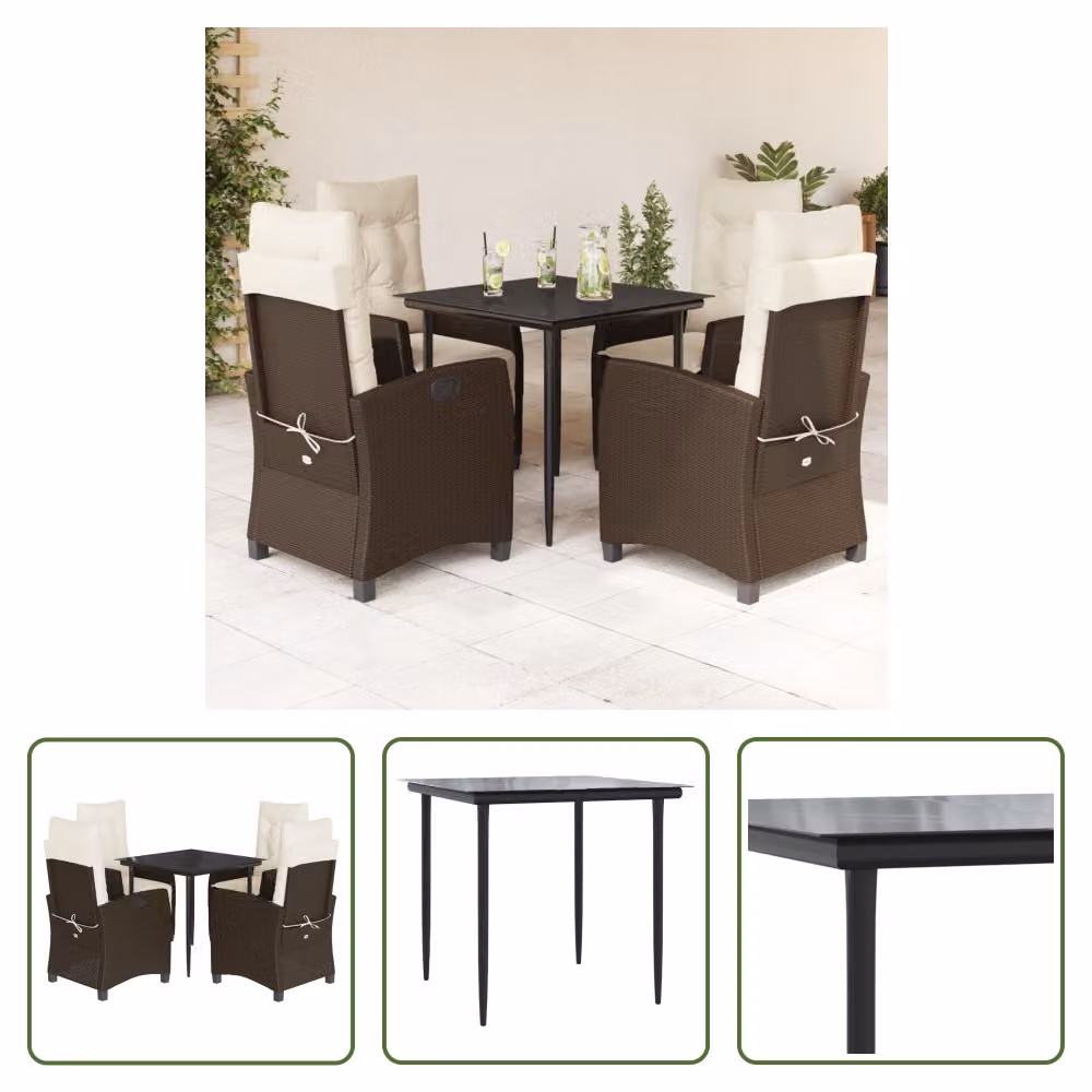 The Living Store Set da pranzo da giardino 5 pezzi con cuscini in polirattan marrone