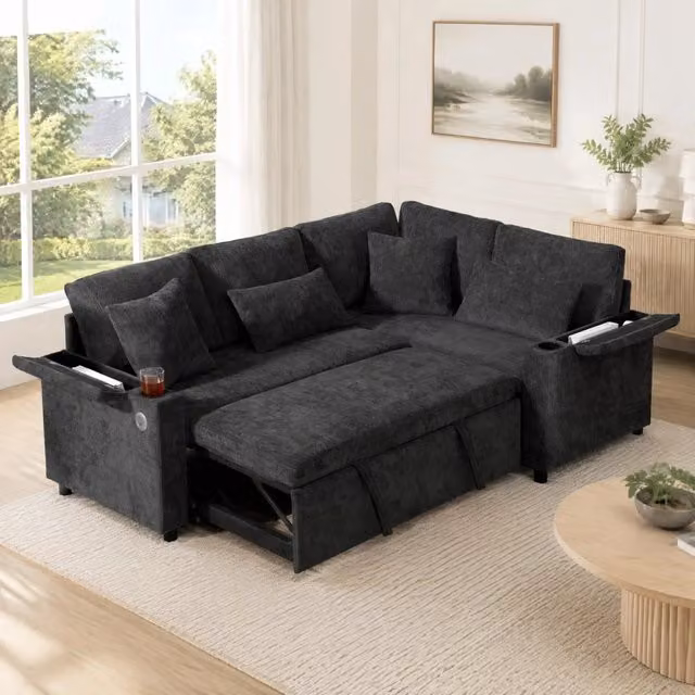 Divano letto angolare 4 posti 206;5 x 141 cm in ciniglia grigio scuro con contenitore HOMVRA