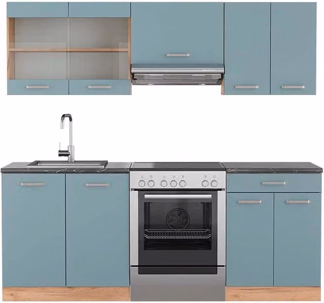 Cucina componibile moderna Vicco R-Line in legno e metallo, Grigio-blu/Rovere dorato con piano Antracite, L: 200 cm, P: 60 cm, H: 81,6 cm