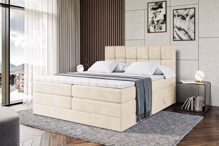Letto boxspring ALTDECOR con materasso e rete a doghe - RICAR KING 200x200 cm - Beige Monolith 04 - Topper, letto imbottito con contenitore, letto con contenitore H3 e H4 - Materasso, letto matrimoniale, letto boxspring