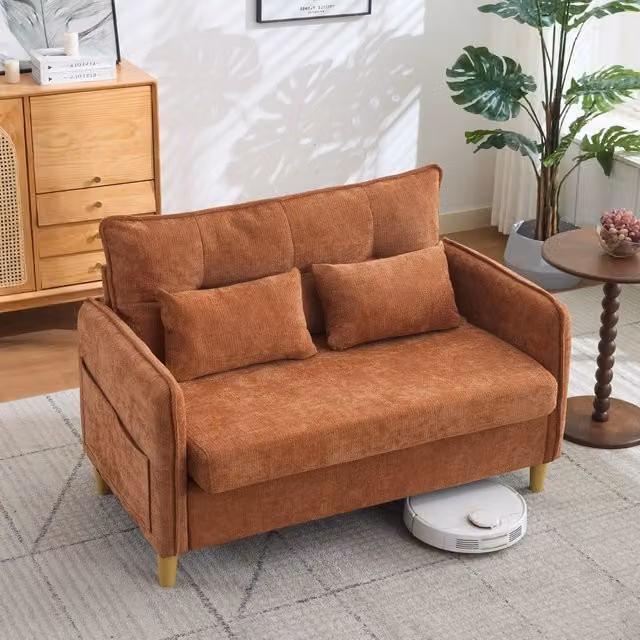 Divano a 2 posti MIVRAY in tessuto ciniglia marrone con braccioli, cuscini e tasche laterali, L/P/H: 127 x 83 x 75,5 cm