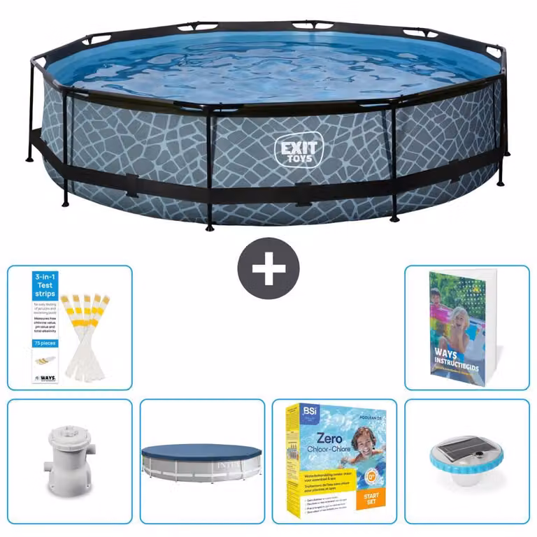 Piscina a sfioro "Exit Pool Rund" - Design effetto pietra - 360x76 cm - 5 pezzi - Modello S178