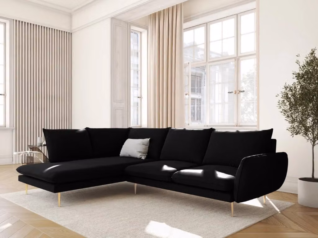 Divano angolare sinistro Vienna di Cosmopolitan Design in velluto nero e oro con 6 posti, L: 275 cm, P: 185 cm, H: 95 cm – 2
