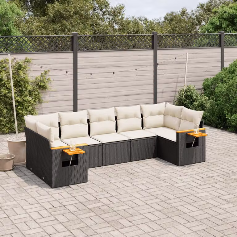 vidaXL Set Divani da Giardino a L con Cuscini 7pz in Polyrattan Nero e Bianco con Tavolino da Caffè e Cuscini Rimovibili
