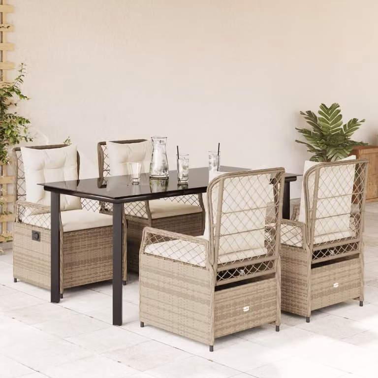 Set da pranzo da giardino vidaXL in polyrattan con cuscini beige e tavolo in vetro, 5 pezzi