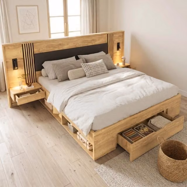 Desviae Letto matrimoniale 160 × 200 cm con 5 vani contenitore, 2 lampade da lettura, senza materasso, in MDF, naturale