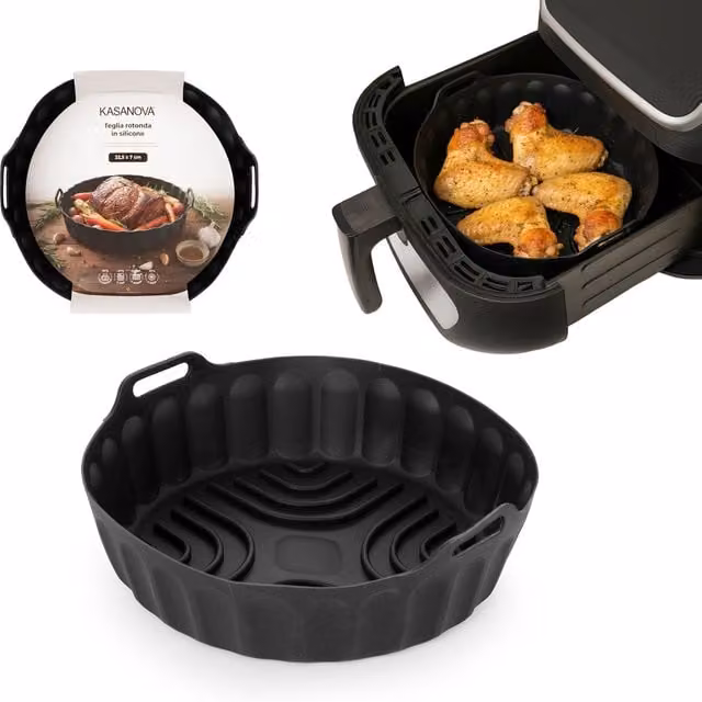 Teglia tonda in silicone nera KASANOVA per friggitrice ad aria, Diametro: 22,5 cm
