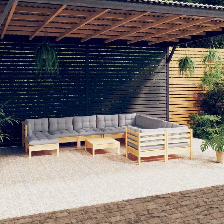 The Living Store Set da giardino da 11 pezzi con cuscini grigi in legno di pino