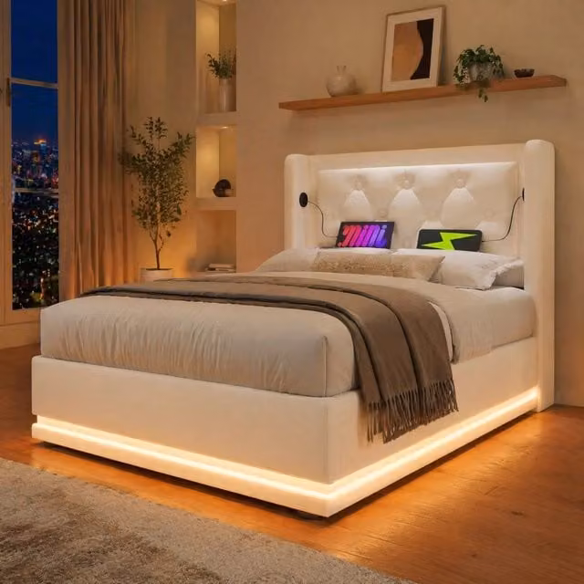 Letto Imbottito REDOM Bianco con Contenitore Idraulico, USB Tipo-C e Illuminazione LED, L/P: 90 x 200 cm