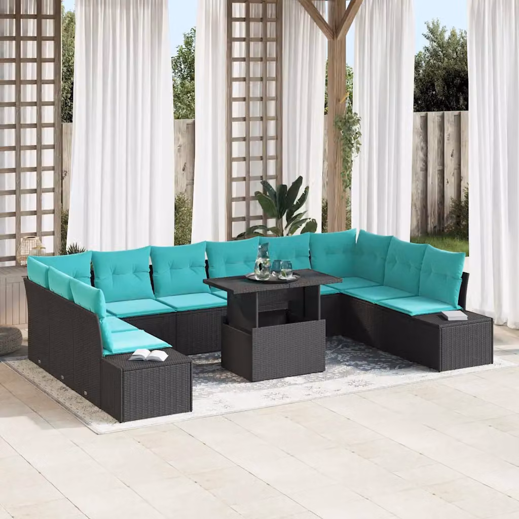 Set Divano da Giardino Moderno vidaXL 11 pz in Polyrattan Nero e Turchese con Tavolo in Vetro
