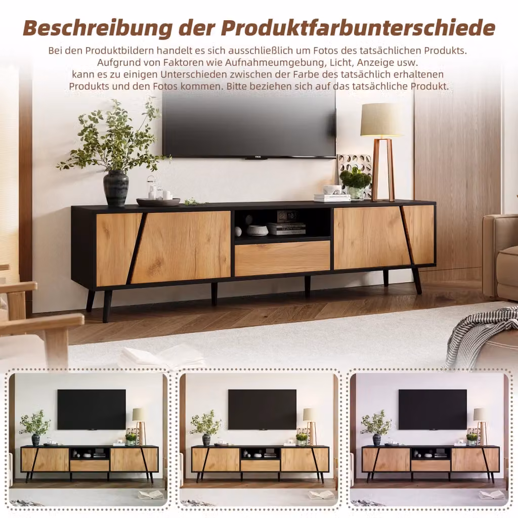 Mobile TV REDOM moderno in nero e legno con 2 ante, 1 cassetto e vano semiaperto L: 180 cm, P: 40 cm, H: 46 cm – 2
