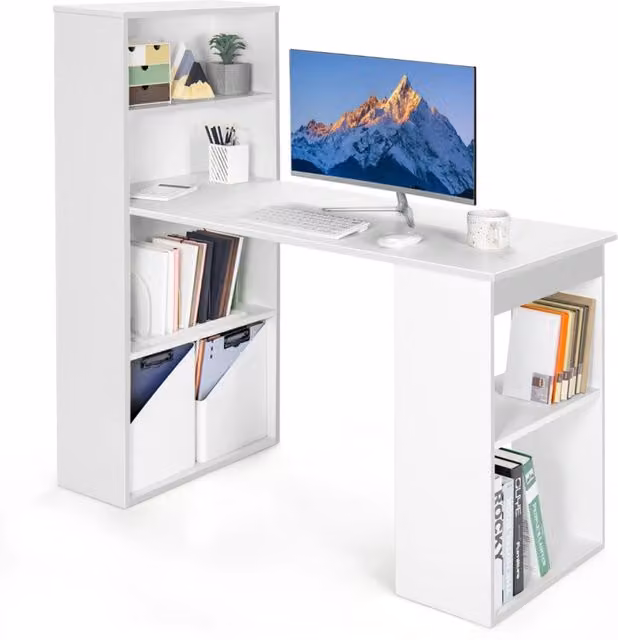 Scrivania per computer moderna con libreria integrata in MDF bianco, Larghezza: 122 cm