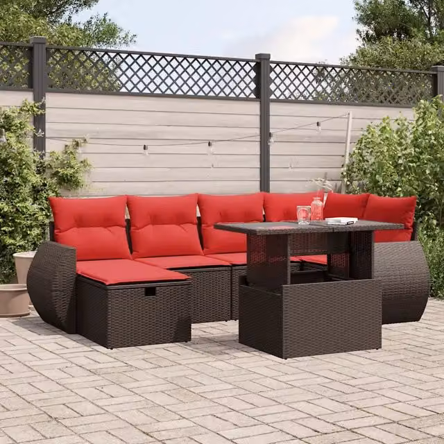 Set da giardino componibile vidaXL in polyrattan marrone con cuscini e tavolino da esterno a forma di L