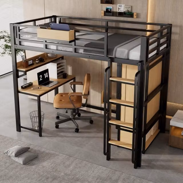 Letto a soppalco 90 × 200 cm con armadio a due ante scrivania scaffale scala con corrimano in metallo e MDF nero naturale