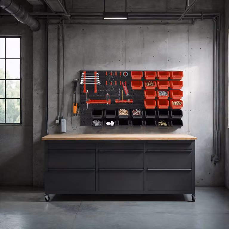 Contenitore per minuteria tectake con 28 cassette impilabili e supporti per utensili in plastica e acciaio, nero e rosso, da appendere a parete
