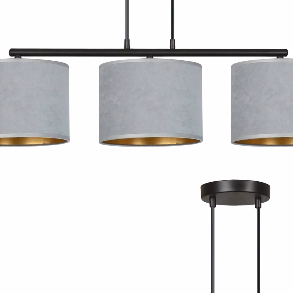 Lampadario a sospensione Vinayaka Luceart-Classic con 3 luci in metallo nero, dettagli oro e paralumi cilindrici in tessuto grigio, con altezza regolabile – 2