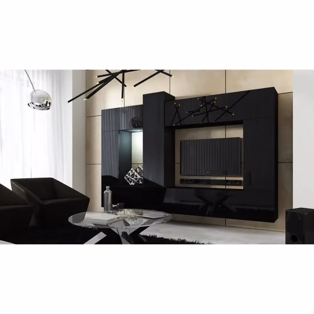 Set modulare da soggiorno sospeso Meublorama collezione CEPTO XXII nero con illuminazione LED, 10 mobili, L: 273 cm – 2