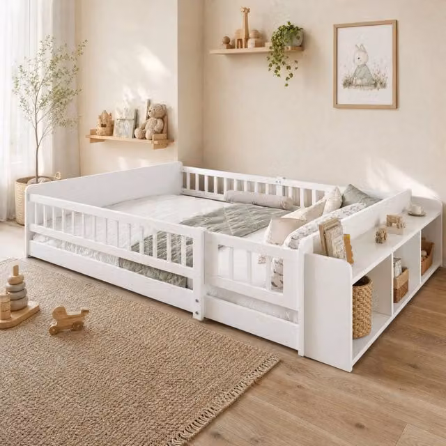 Letto per bambini 140x190 cm bianco in legno di pino con ripiani aperti, senza materasso