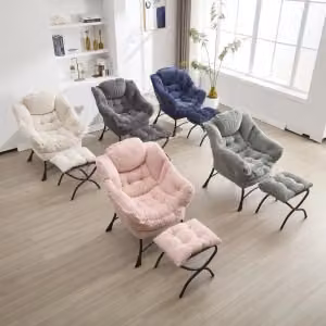 Poltrona lounge ergonomica OKWISH con poggiapiedi e tasca laterale in tessuto rosa e struttura in metallo