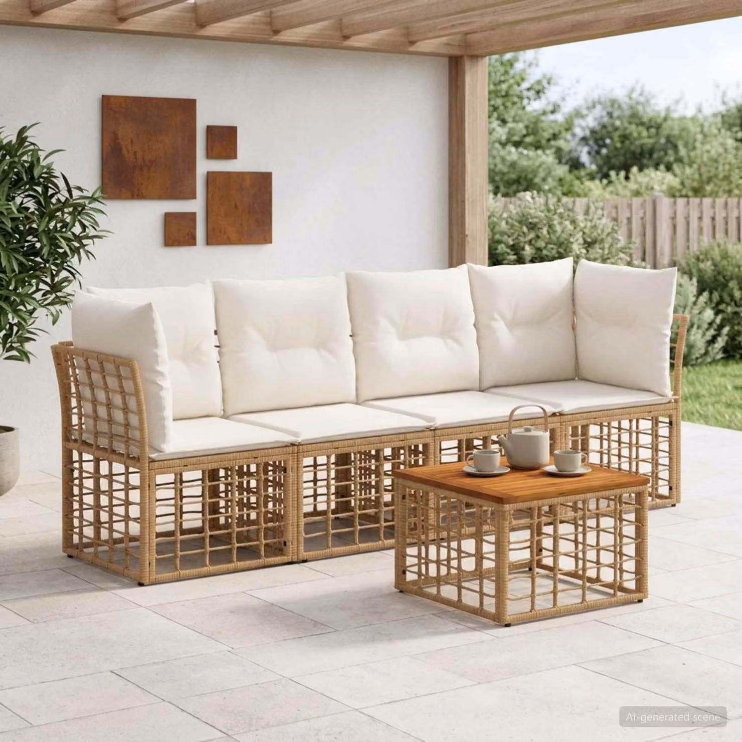 Set di divani da esterno vidaXL 5 pezzi con tavolino, colore beige e bianco, struttura in acciaio verniciato a polvere e cuscini inclusi per giardino e terrazza