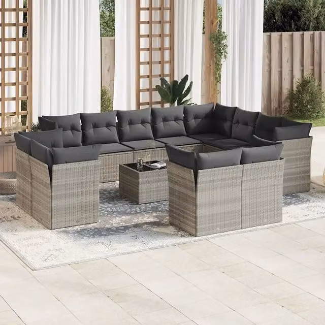 Set di divani da giardino VIDAXL in polyrattan grigio chiaro con cuscini, composizione a U da 13 posti
