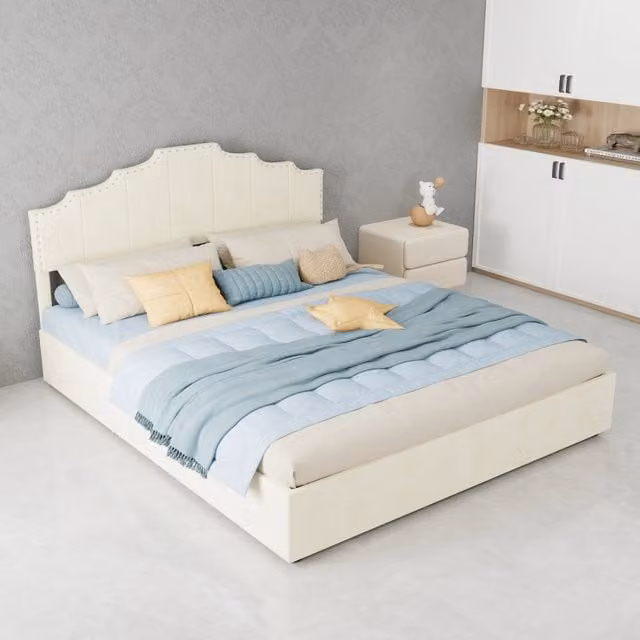 Letto matrimoniale 160x200 cm con rete a doghe e materasso incluso; tessuto beige