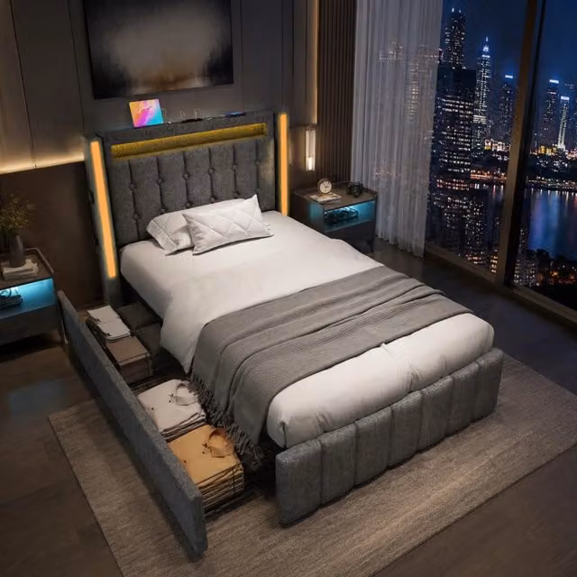 Letto singolo 90x200 cm grigio in lino, LED USB e 2 cassetti, senza materasso