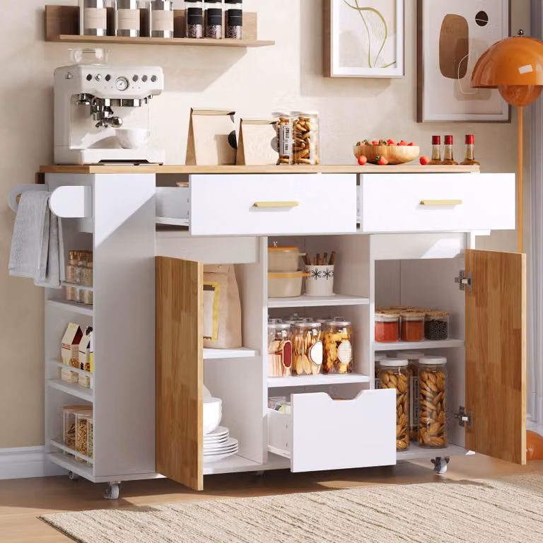 Isola da cucina okwish con piano ribaltabile e ripiano per spezie a 3 livelli, carrello da cucina con 3 cassetti e ruote, mobiletto contenitore bianco