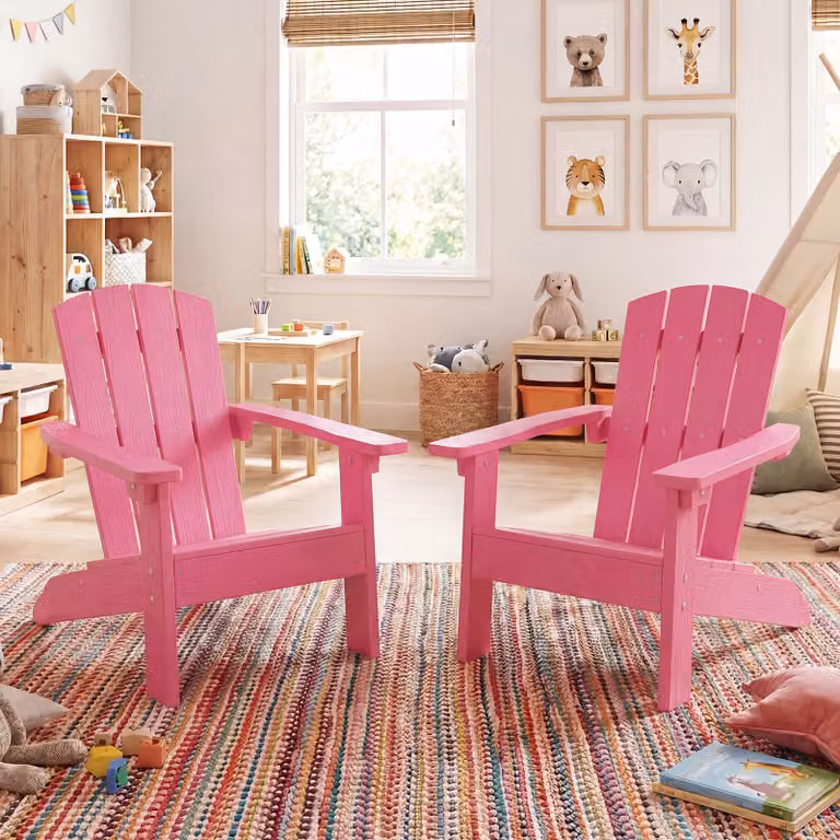 Sedia Adirondack per bambini Costway in plastica resistente alle intemperie, poltrona da giardino con schienale a doghe, Rosa